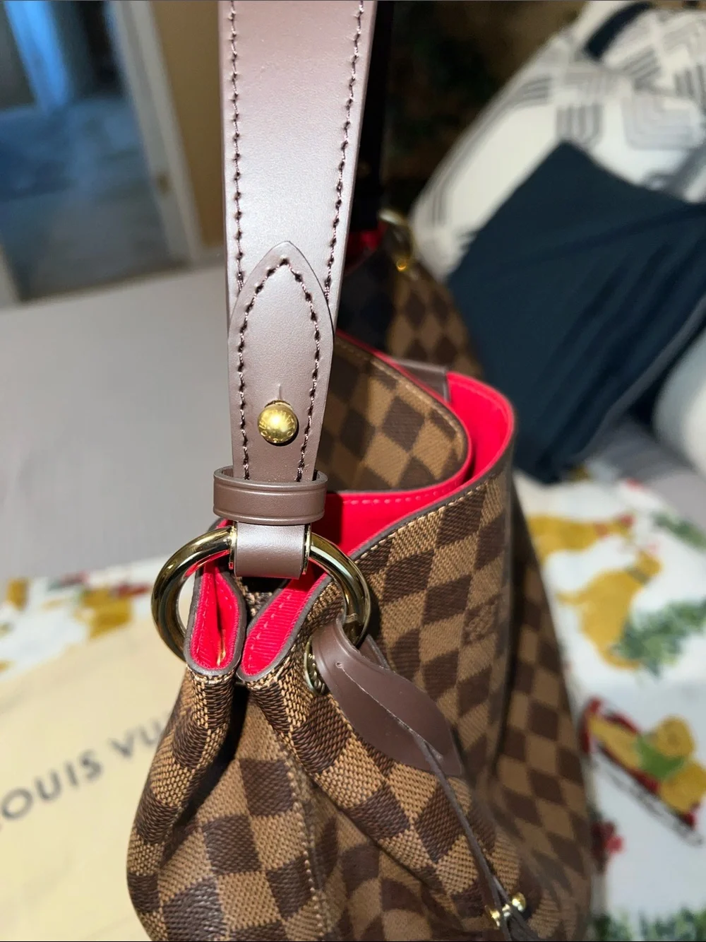 Louis Vuitton Brown Damier Ebene NEW Shoulder Bag with Red Interior Trim PM